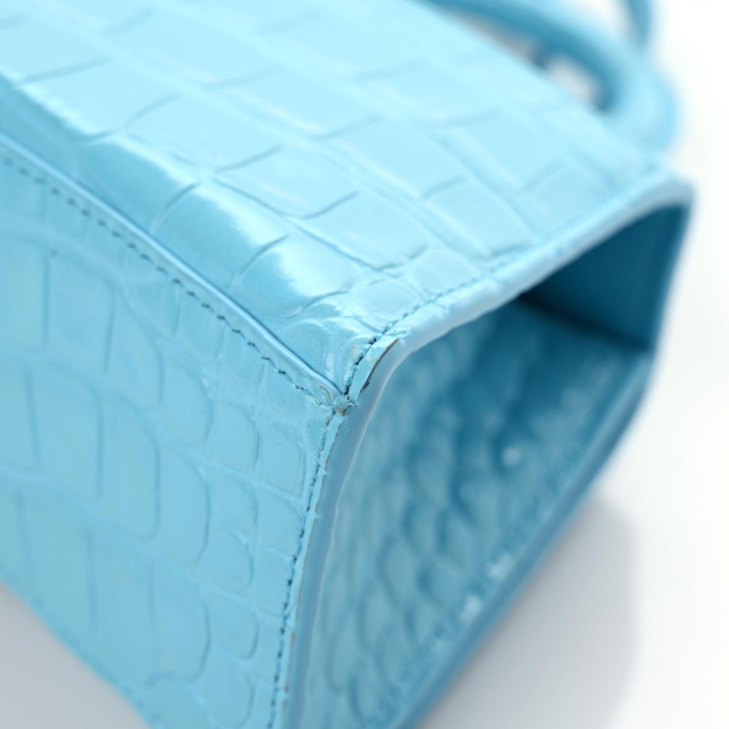 Shiny Calfskin Crocodile Embossed Hourglass Top Handle Bag XS Azur
