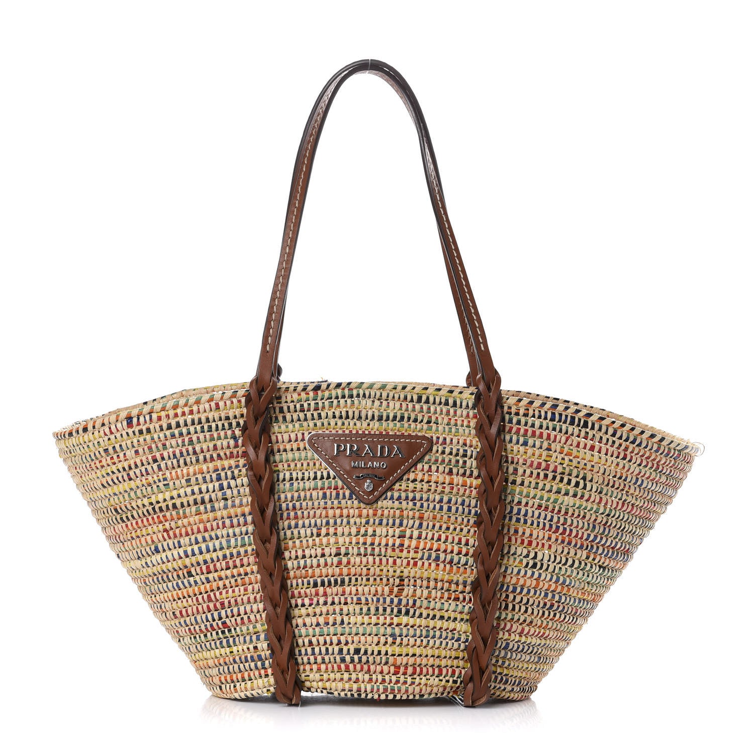 Prada Paglia Vitello Woven Braided Basket Tote Multicolor Cognac 1 of 9