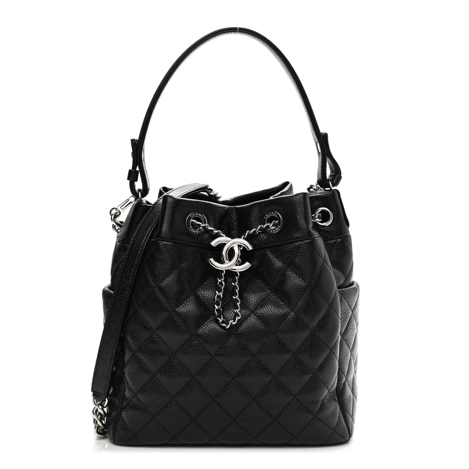 Chanel Caviar Flat Quilted CC Chain Bucket Drawstring Bag Black 1 of 12