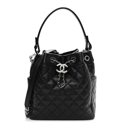 Chanel Caviar Flat Quilted CC Chain Bucket Drawstring Bag Black 1 of 12