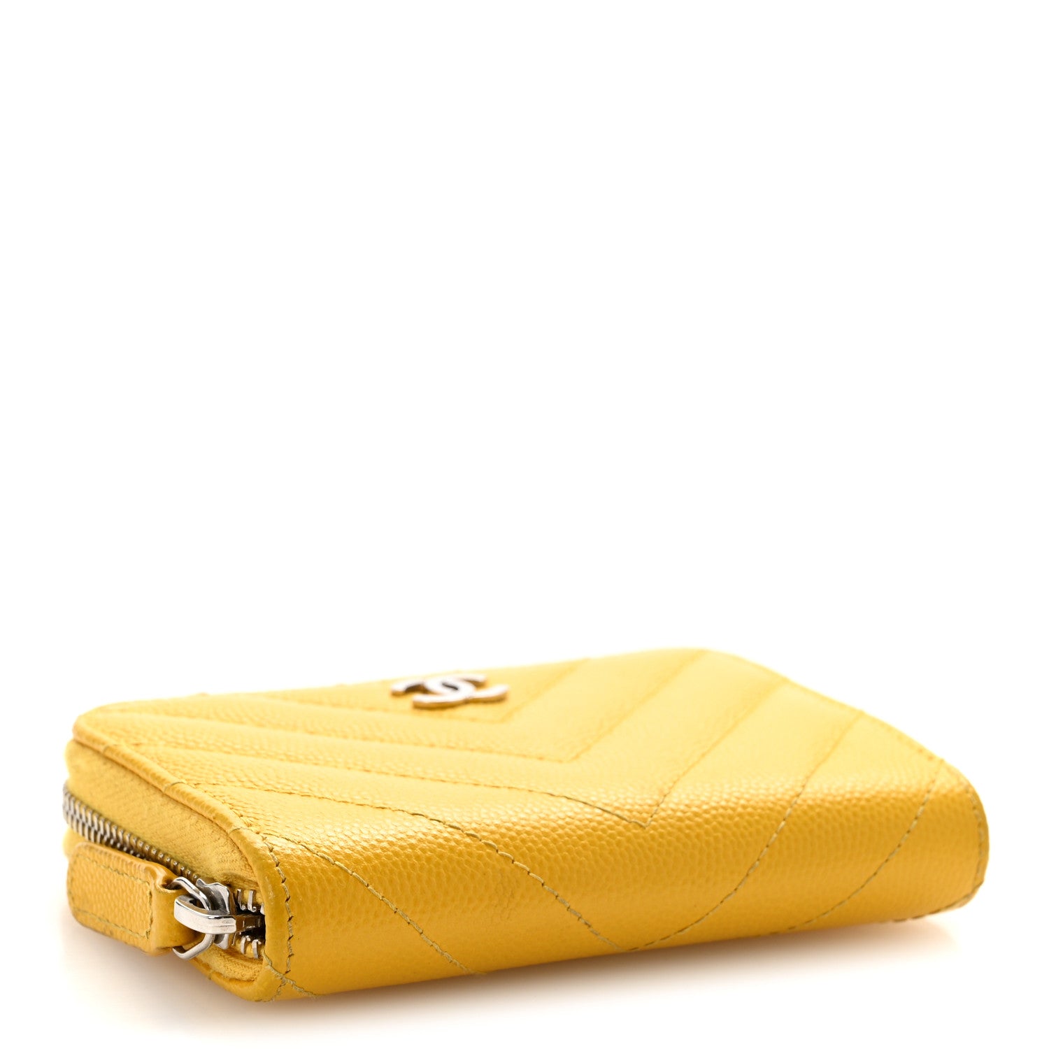 Chanel Caviar Chevron Quilted Zip Coin Purse Yellow 4 of 9