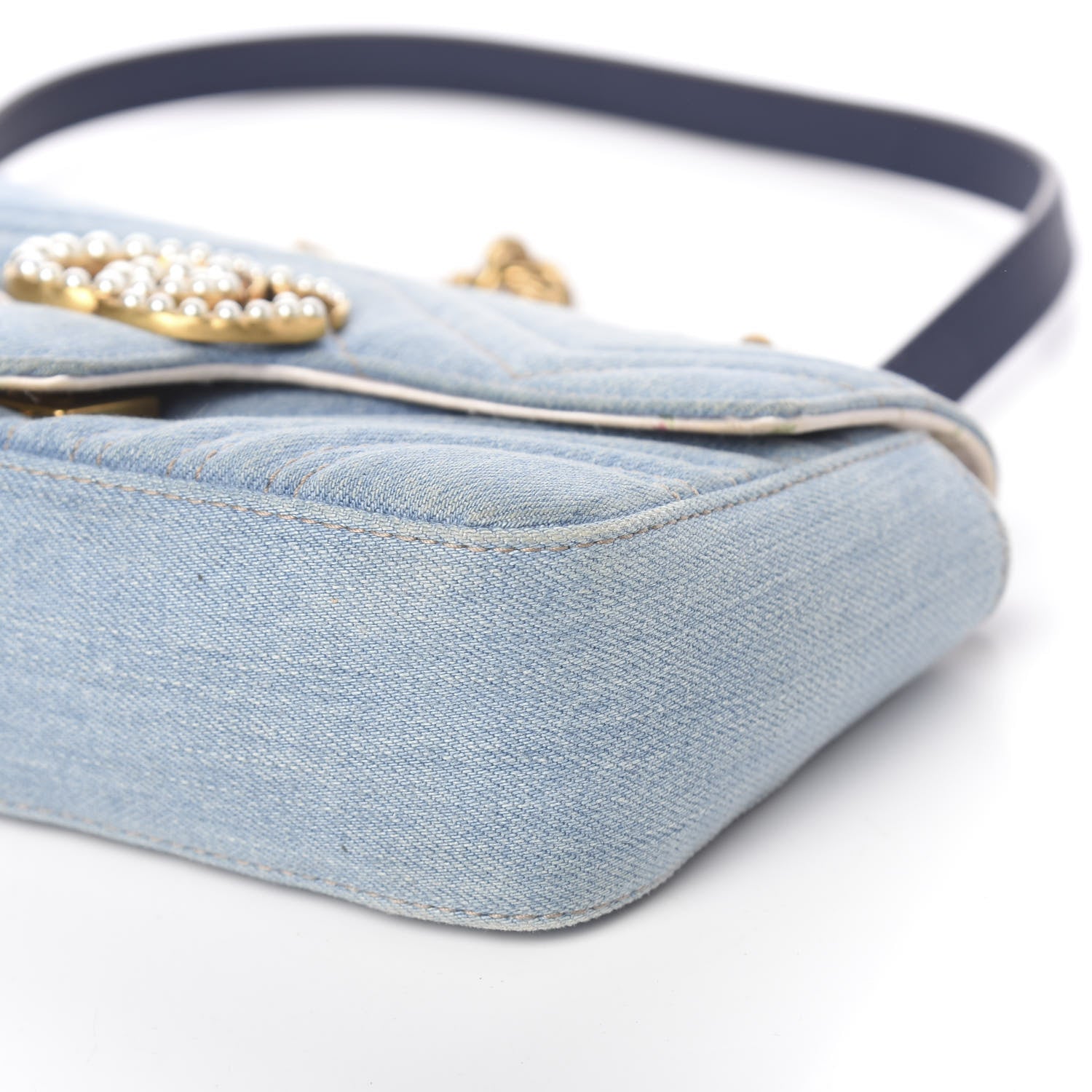 Gucci Denim Matelasse Mini Pearly GG Marmont Shoulder Bag Blue 14 of 15