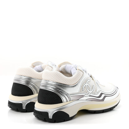Chanel Fabric Laminated Calfskin Stretch CC Womens Sneakers 38 White Silver 4 of 10