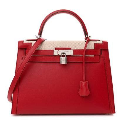Hermes Berline Toile Swift Kelly Sellier 32 Rouge Piment Ecru 1 of 10