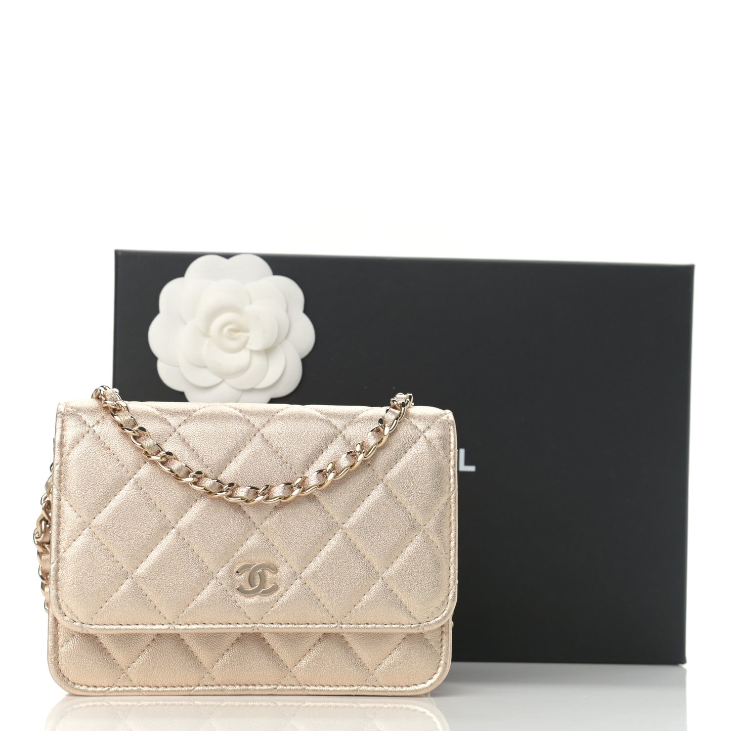 Metallic Lambskin Quilted Mini Wallet On Chain WOC Gold