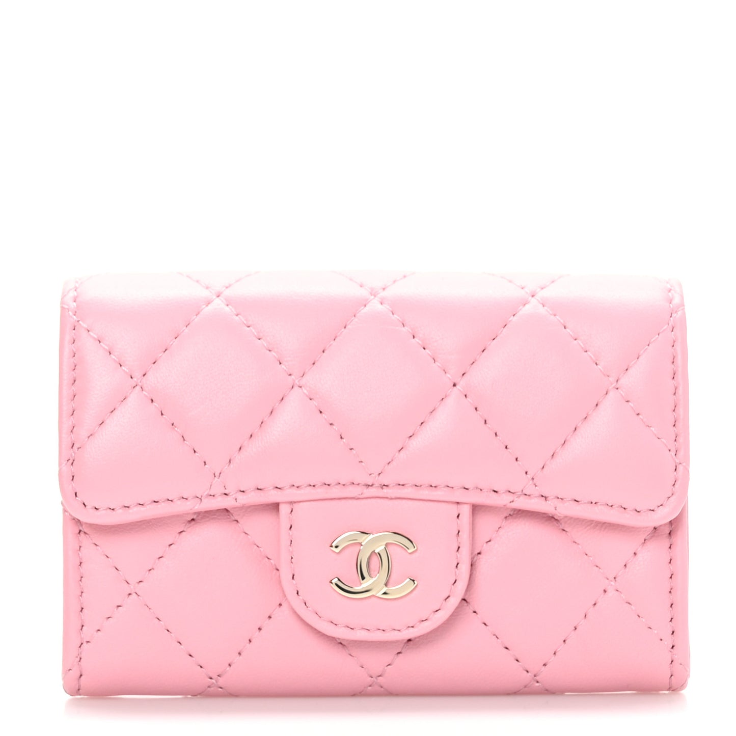 Lambskin Quilted Flap Card Holder Wallet Pink
