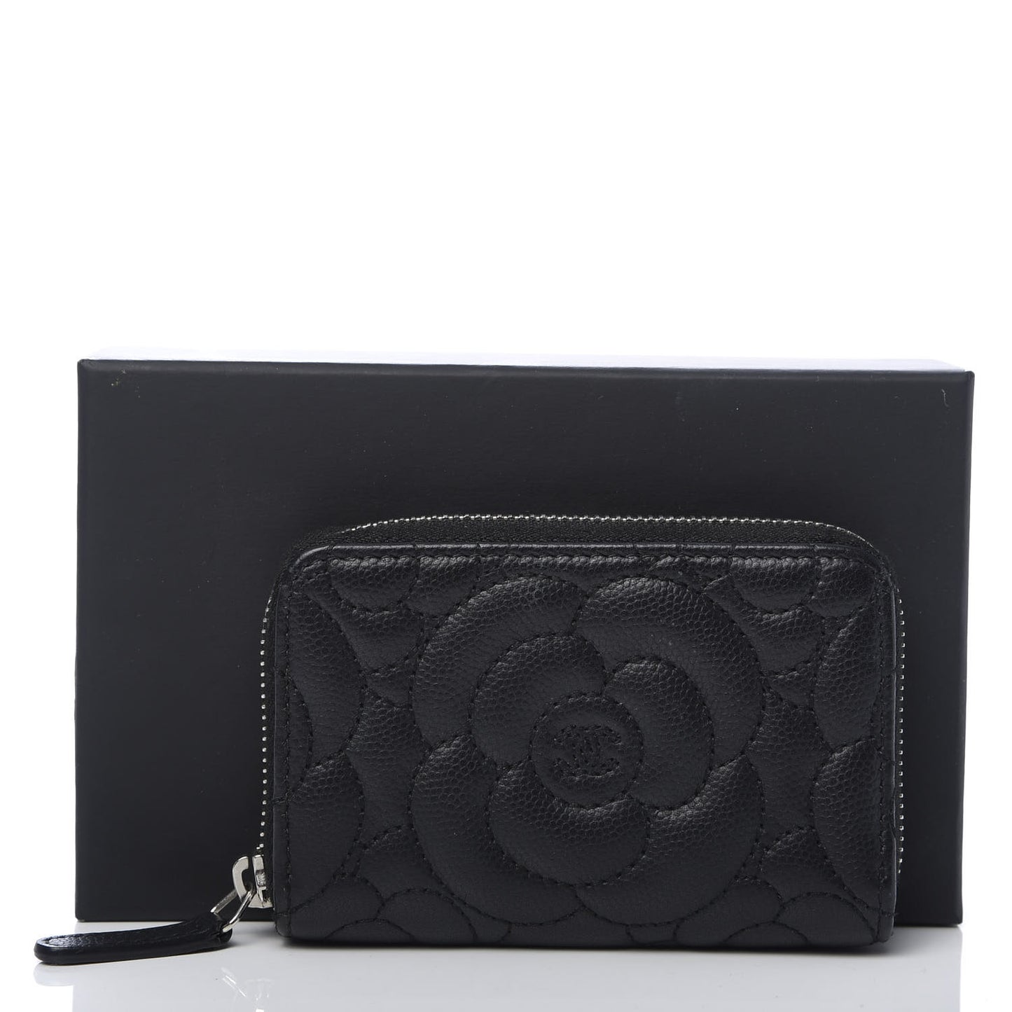 Caviar Camellia Embossed Zip Coin Purse Black