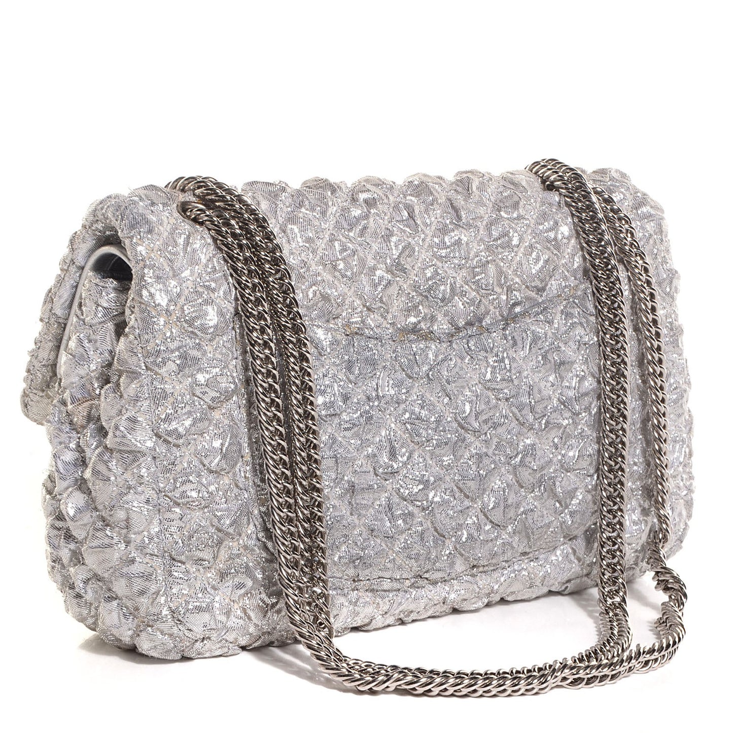 Lame Quilted Small Double Flap Metallic Silver