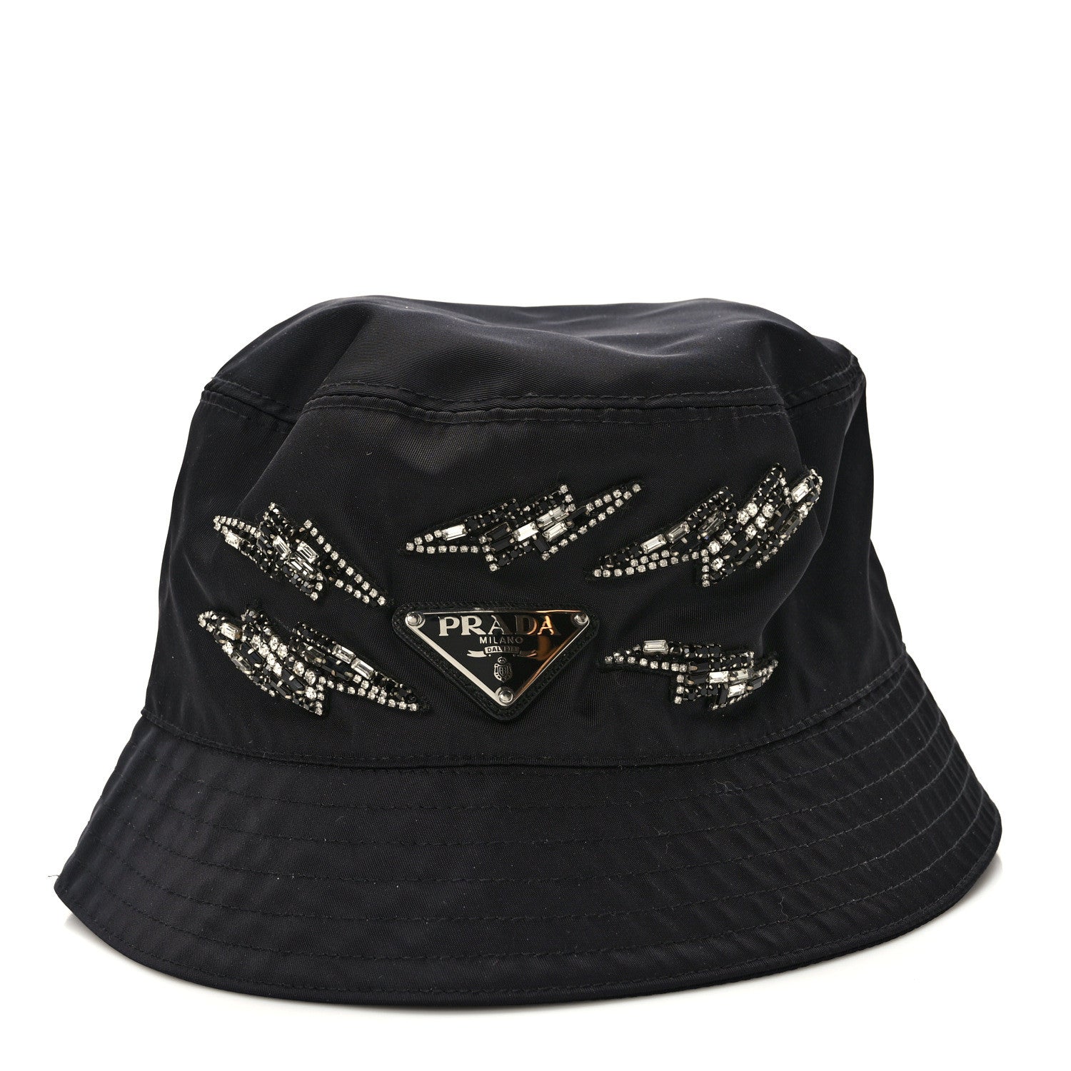 Prada Nylon Crystal Metal Triangle Logo Lightning Bucket Hat M Black 3 of 8
