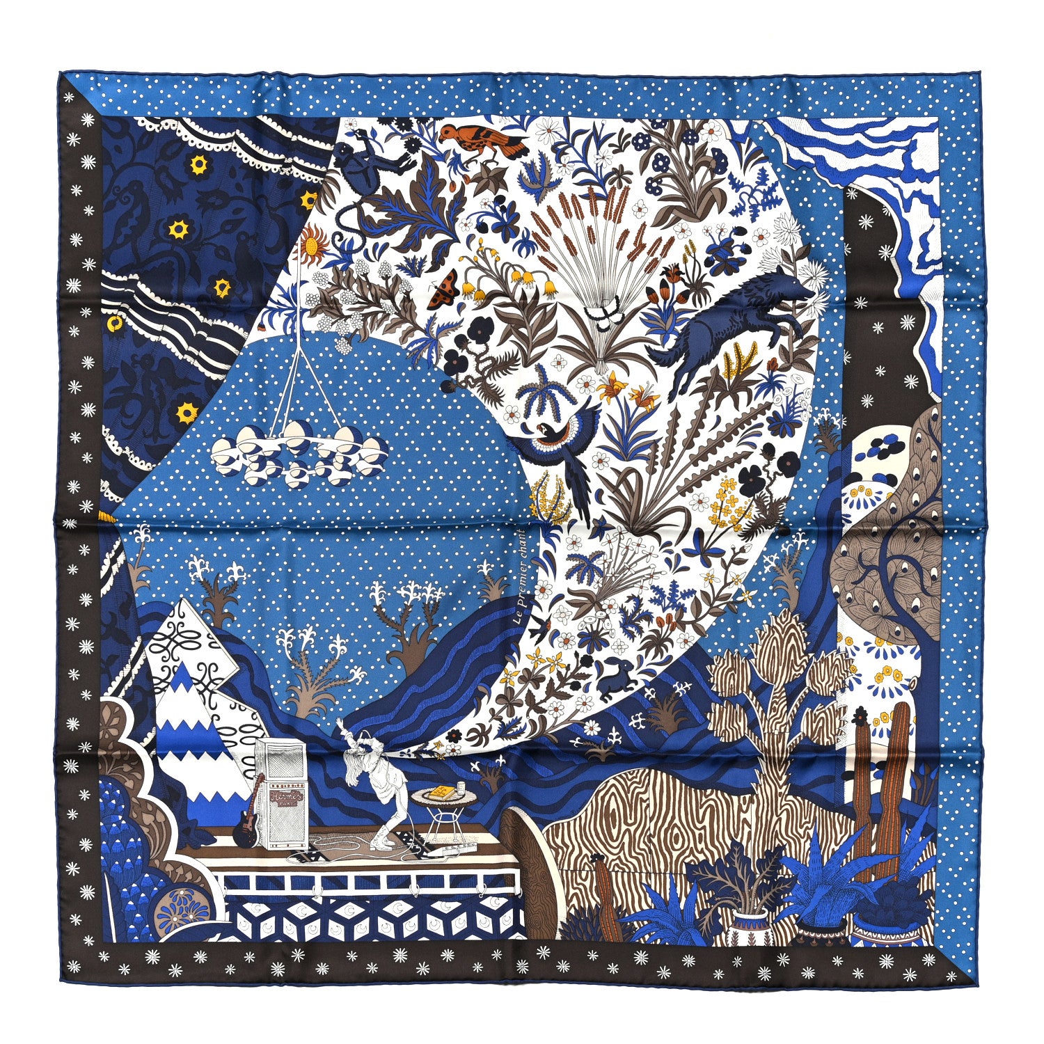 Hermes Silk Twill Le Premier Chant Scarf 90 Bleu Nuit White Ebene 1 of 5
