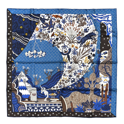 Hermes Silk Twill Le Premier Chant Scarf 90 Bleu Nuit White Ebene 1 of 5