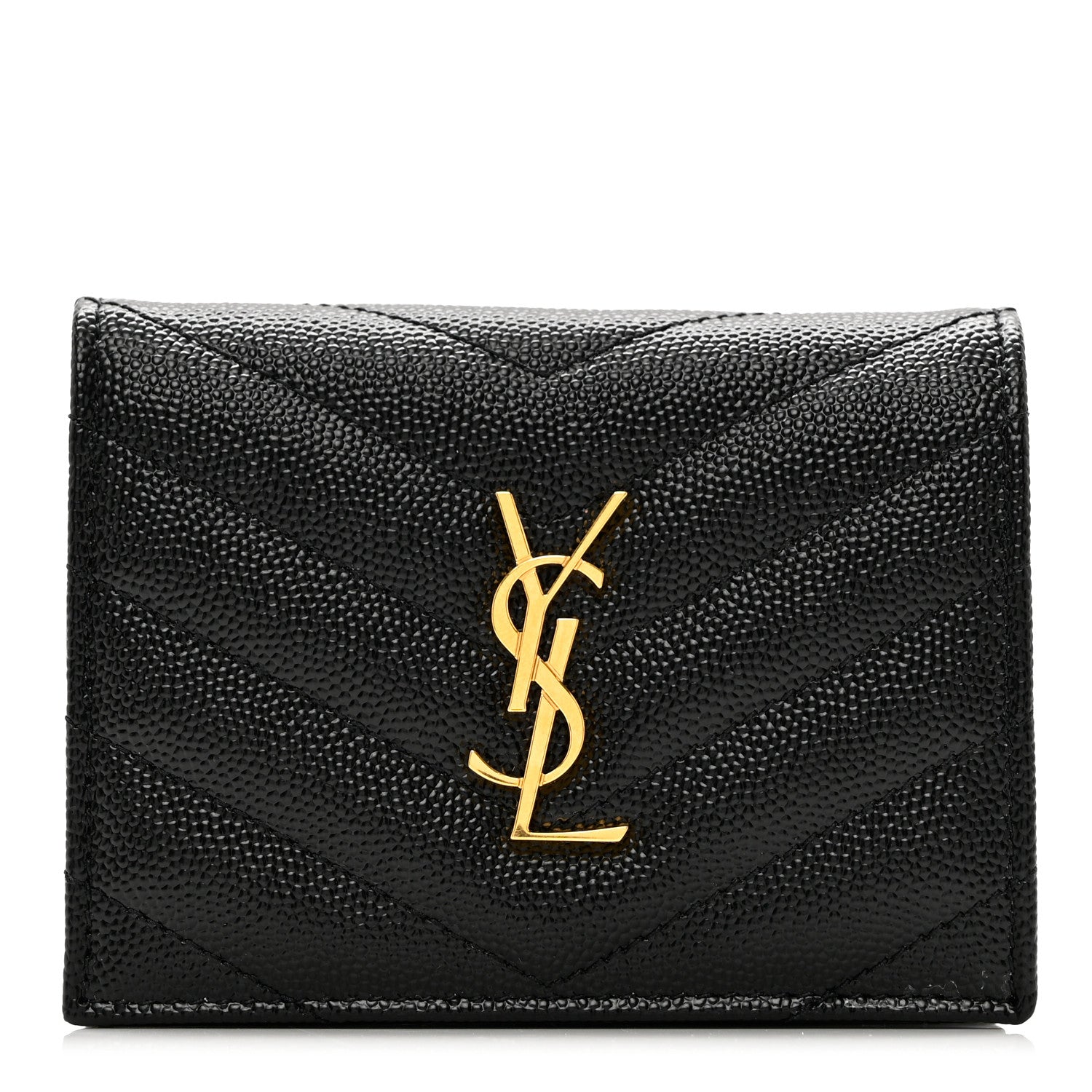 Saint Laurent Grain De Poudre Matelasse Chevron Monogram Compact Tri Fold Wallet Black 1 of 6