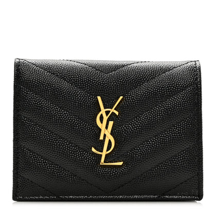 Saint Laurent Grain De Poudre Matelasse Chevron Monogram Compact Tri Fold Wallet Black 1 of 6
