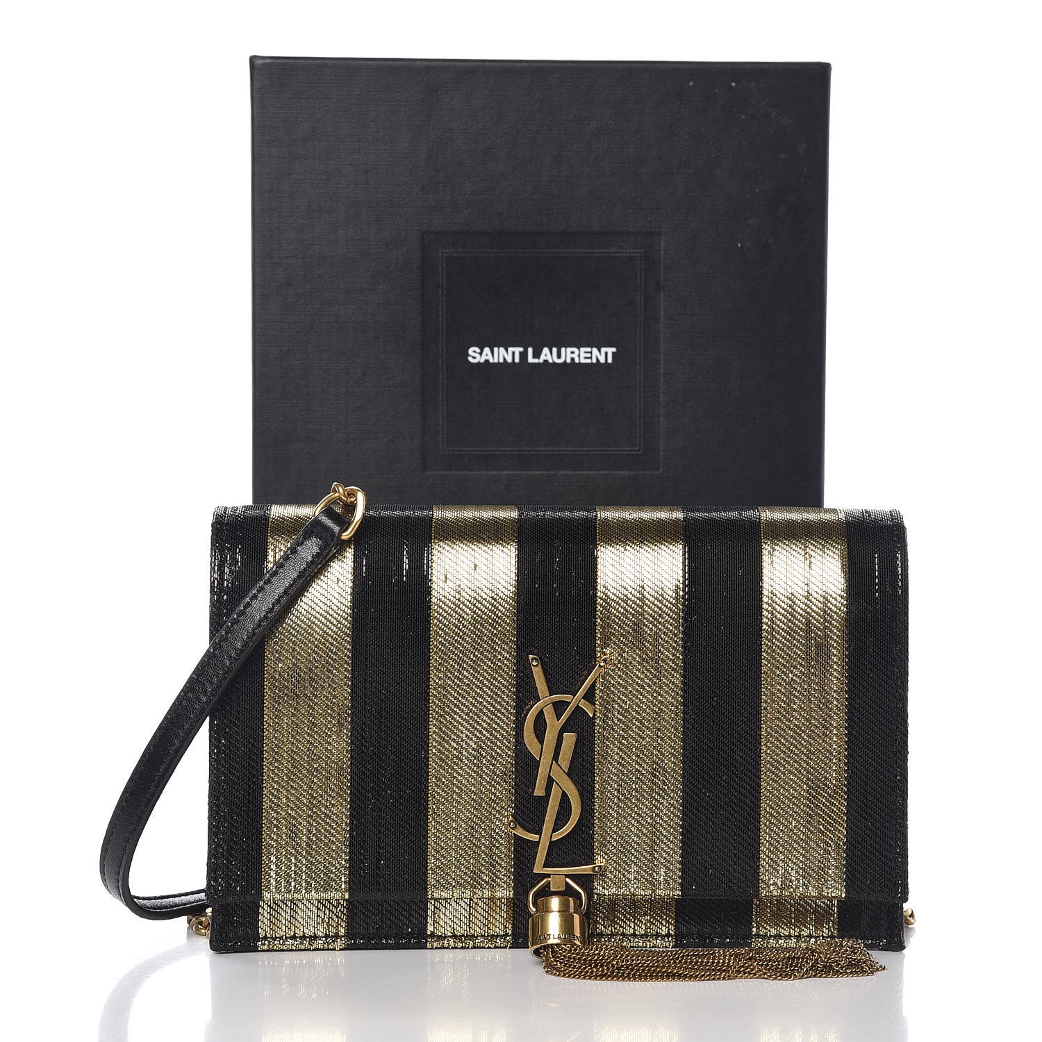 Saint Laurent Sequin Striped Classic Monogram Kate Tassel Chain Wallet Black Gold 18 of 18