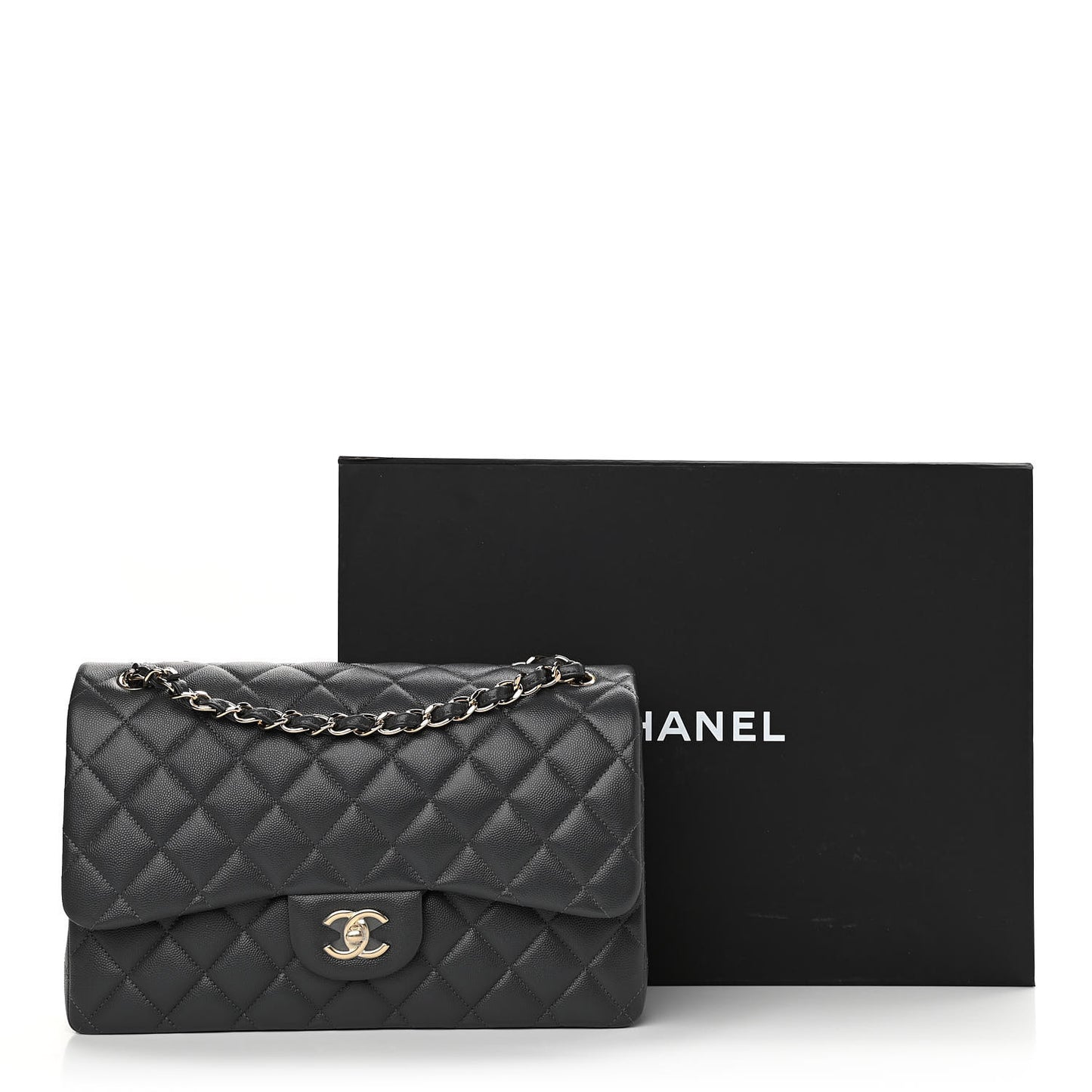 Caviar Quilted Jumbo Double Flap Dark Grey