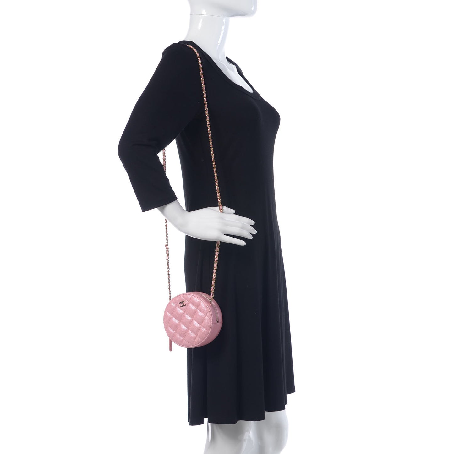 Iridescent Caviar Quilted Round Clutch With Chain Pink