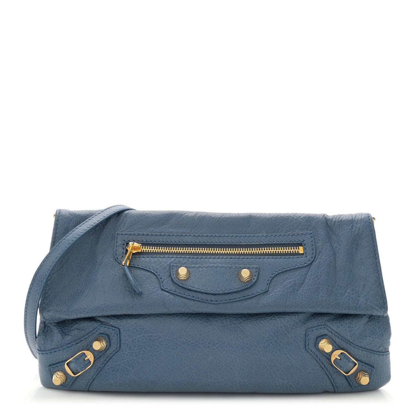 Agneau Giant 12 Gold Hardware Envelope Strap Clutch Bleu Persan