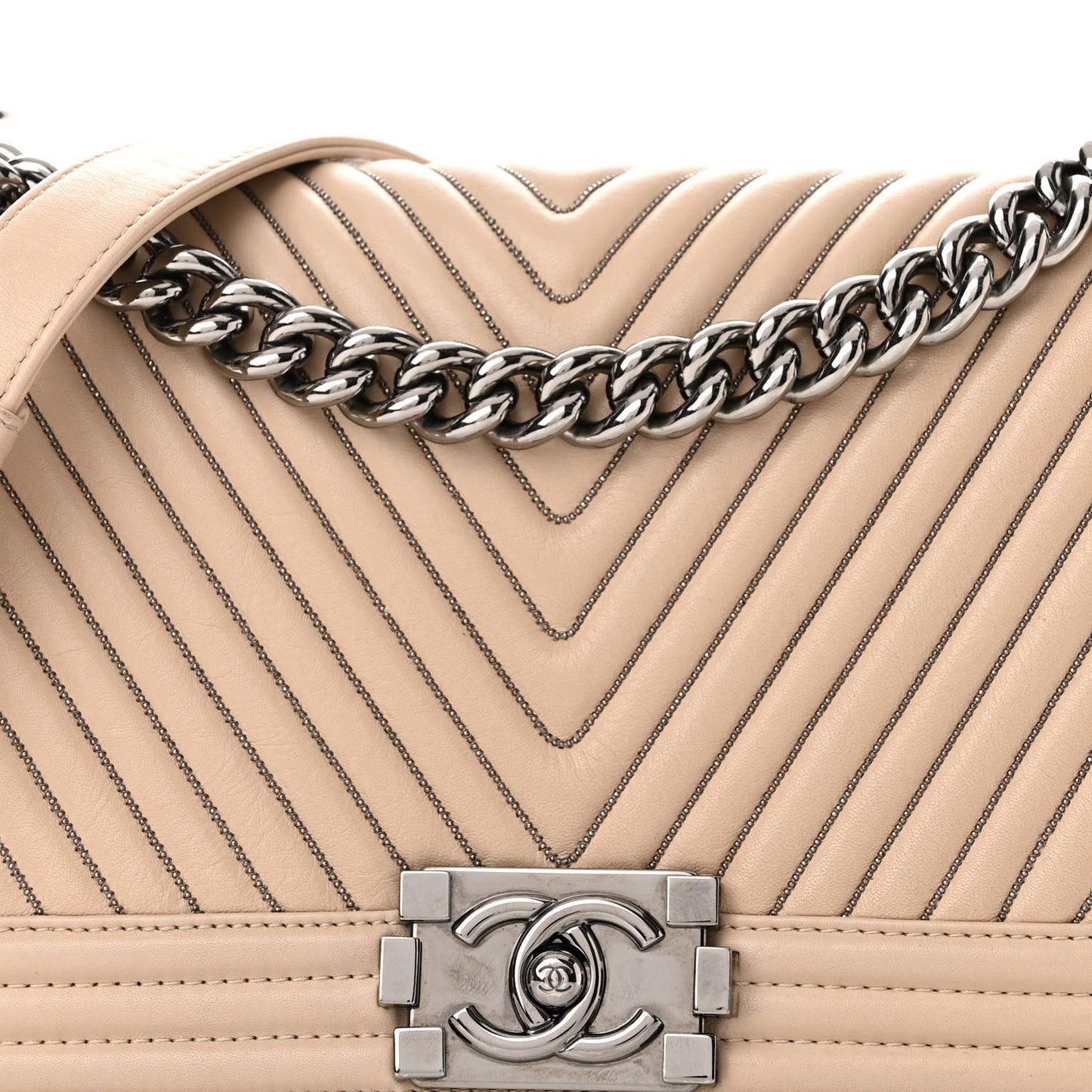 Calfskin Chevron Chain Medium Boy Flap Beige