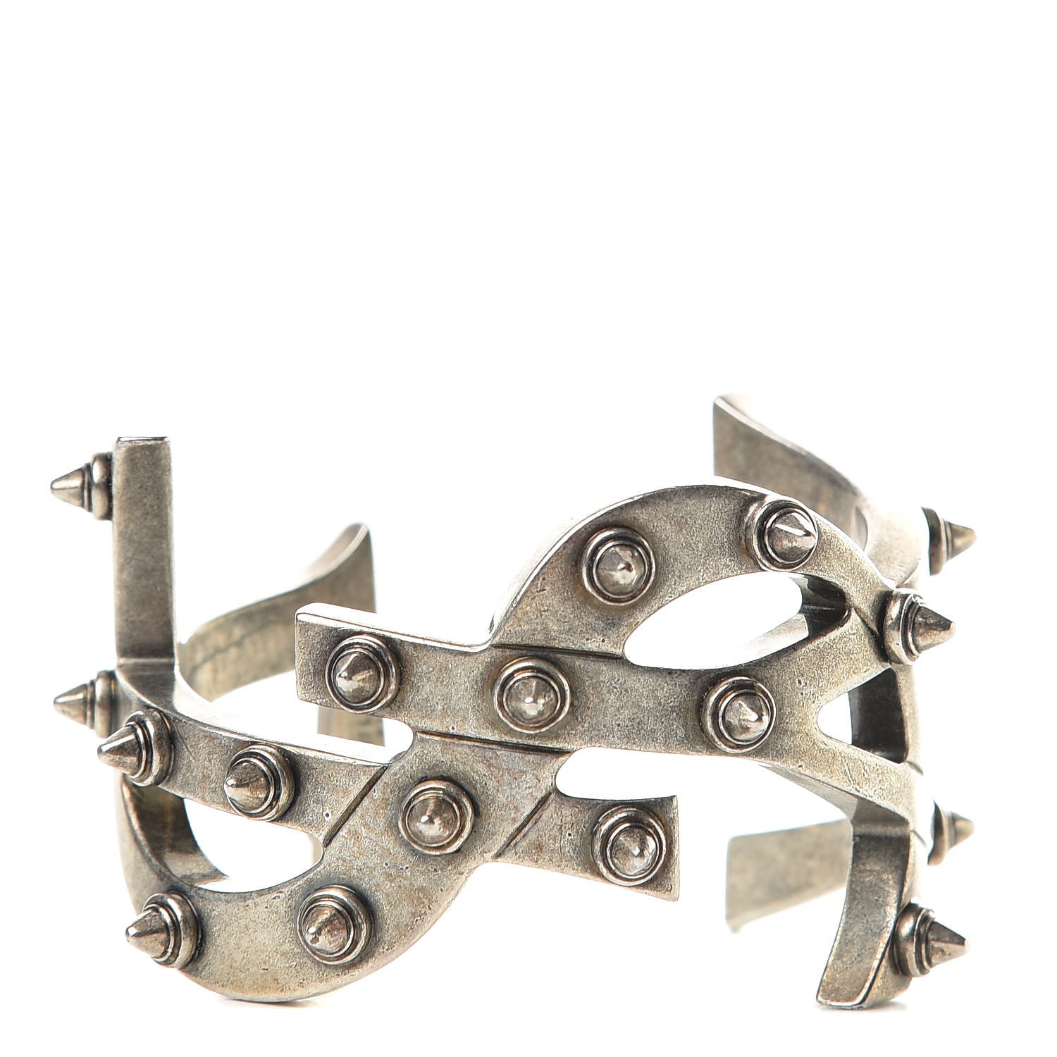 Saint Laurent Brass Monogram Spiked Cuff Bracelet Argent 1 of 5