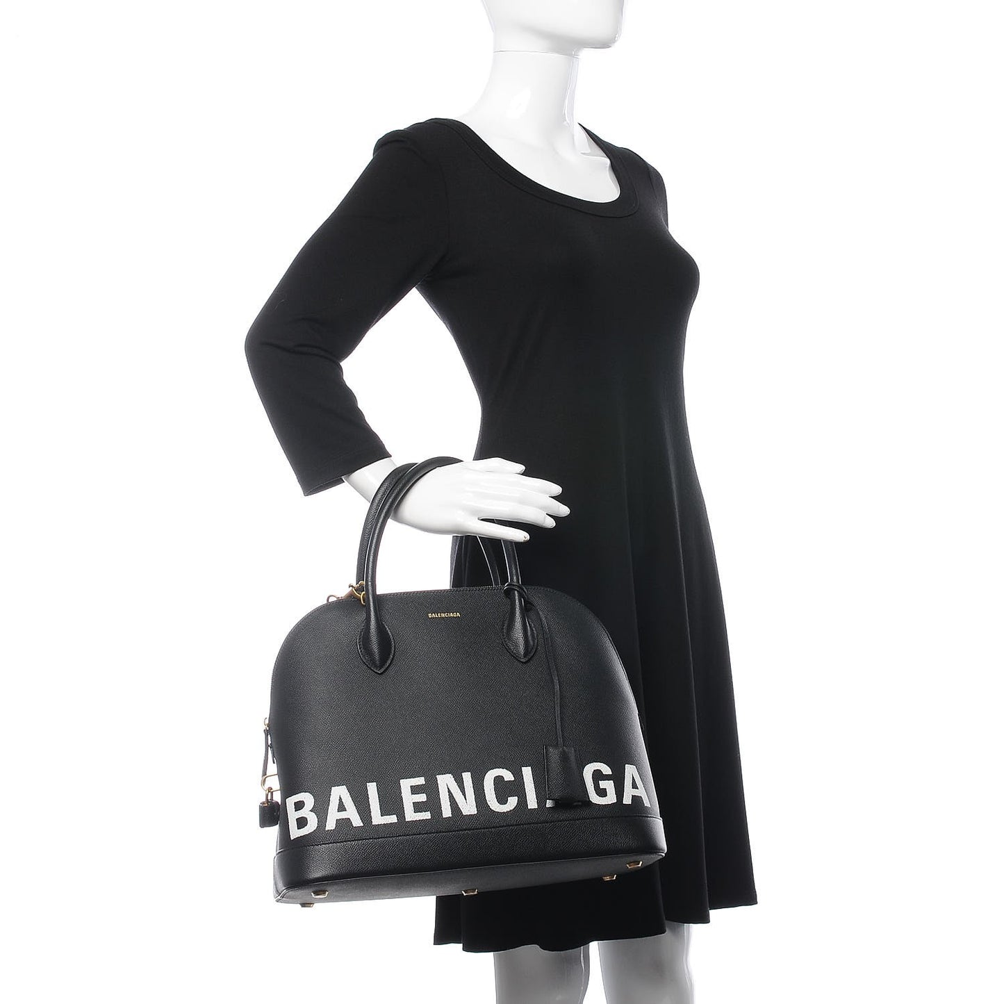 Signature Grained Calfskin Logo M Ville Top Handle Bag Black