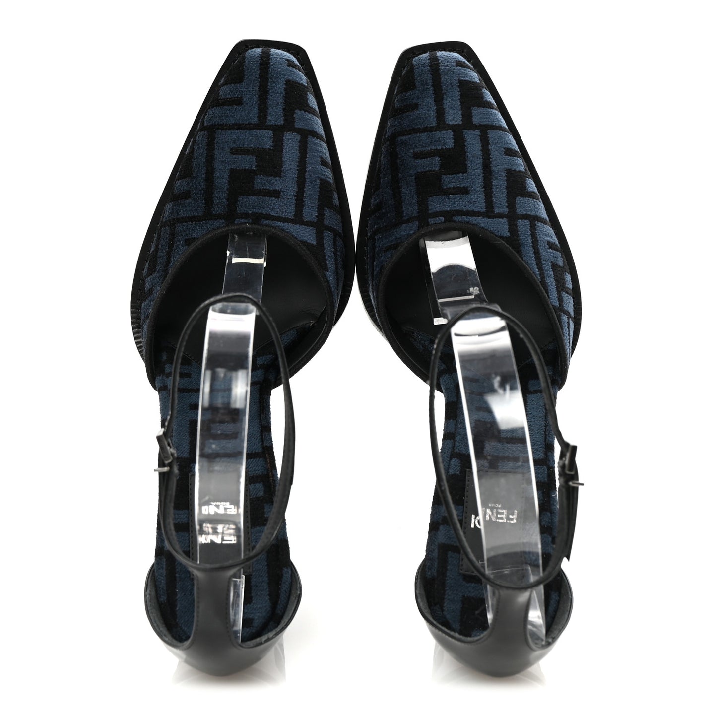 Chenille Jacquard FF Cut Baguette Ankle Strap 105mm Pumps 39.5 Black Blue