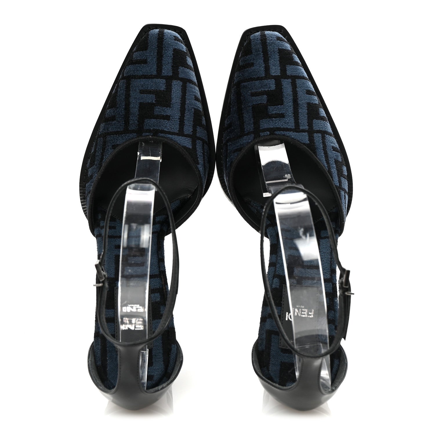 Fendi Chenille Jacquard FF Cut Baguette Ankle Strap 105mm Pumps 39.5 Black Blue 2 of 9