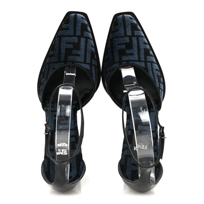 Fendi Chenille Jacquard FF Cut Baguette Ankle Strap 105mm Pumps 39.5 Black Blue 2 of 9