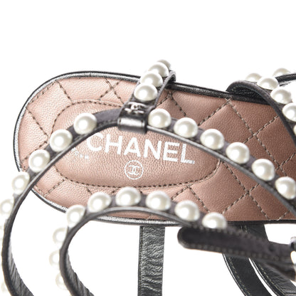 Chanel Laminated Lambskin Quilted Pearl Sandals 37.5 Khaki 9 of 10
