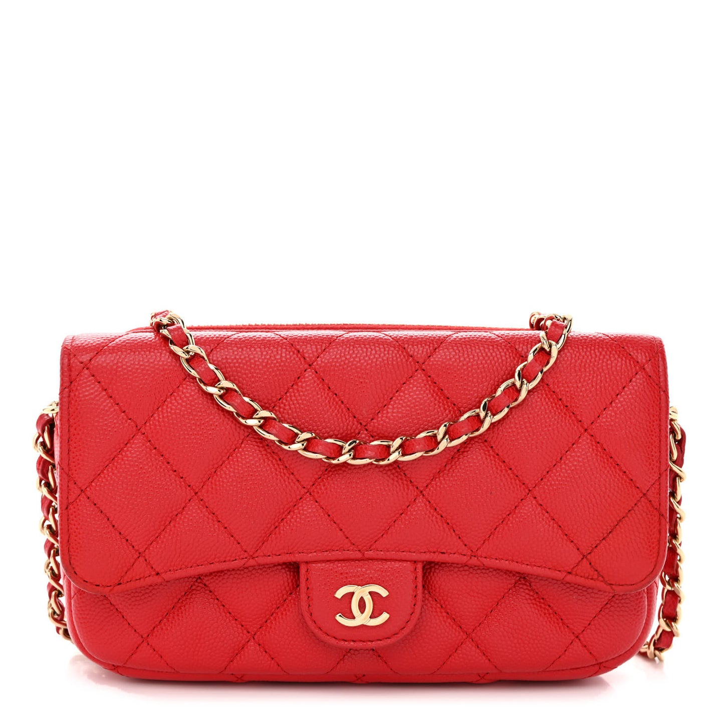 Caviar Quilted Flap Phone Holder With Chain Red