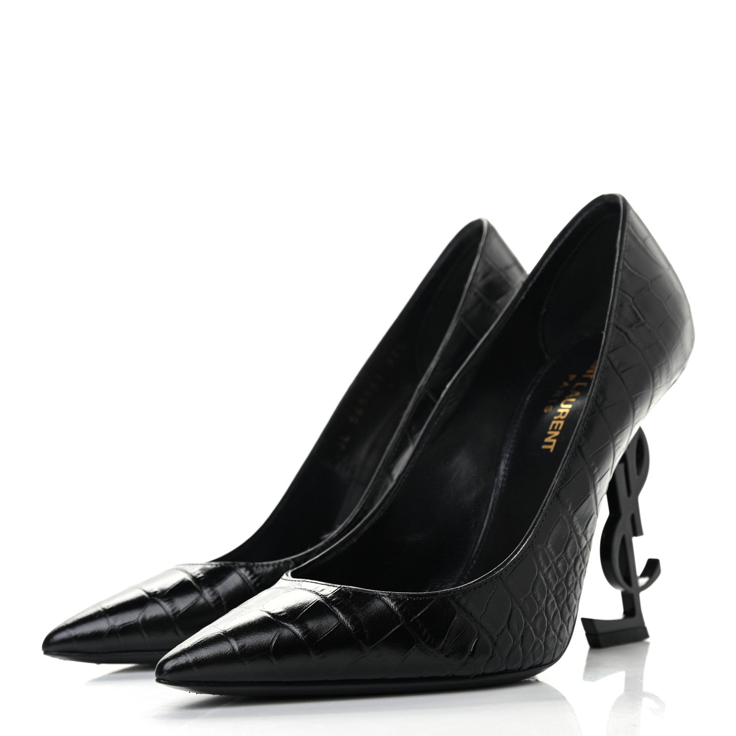 Saint Laurent Calfskin Crocodile Embossed Opyum 110 Pumps 37.5 Black 3 of 8
