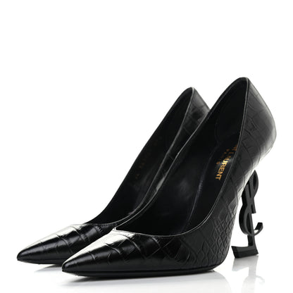 Saint Laurent Calfskin Crocodile Embossed Opyum 110 Pumps 37.5 Black 3 of 8