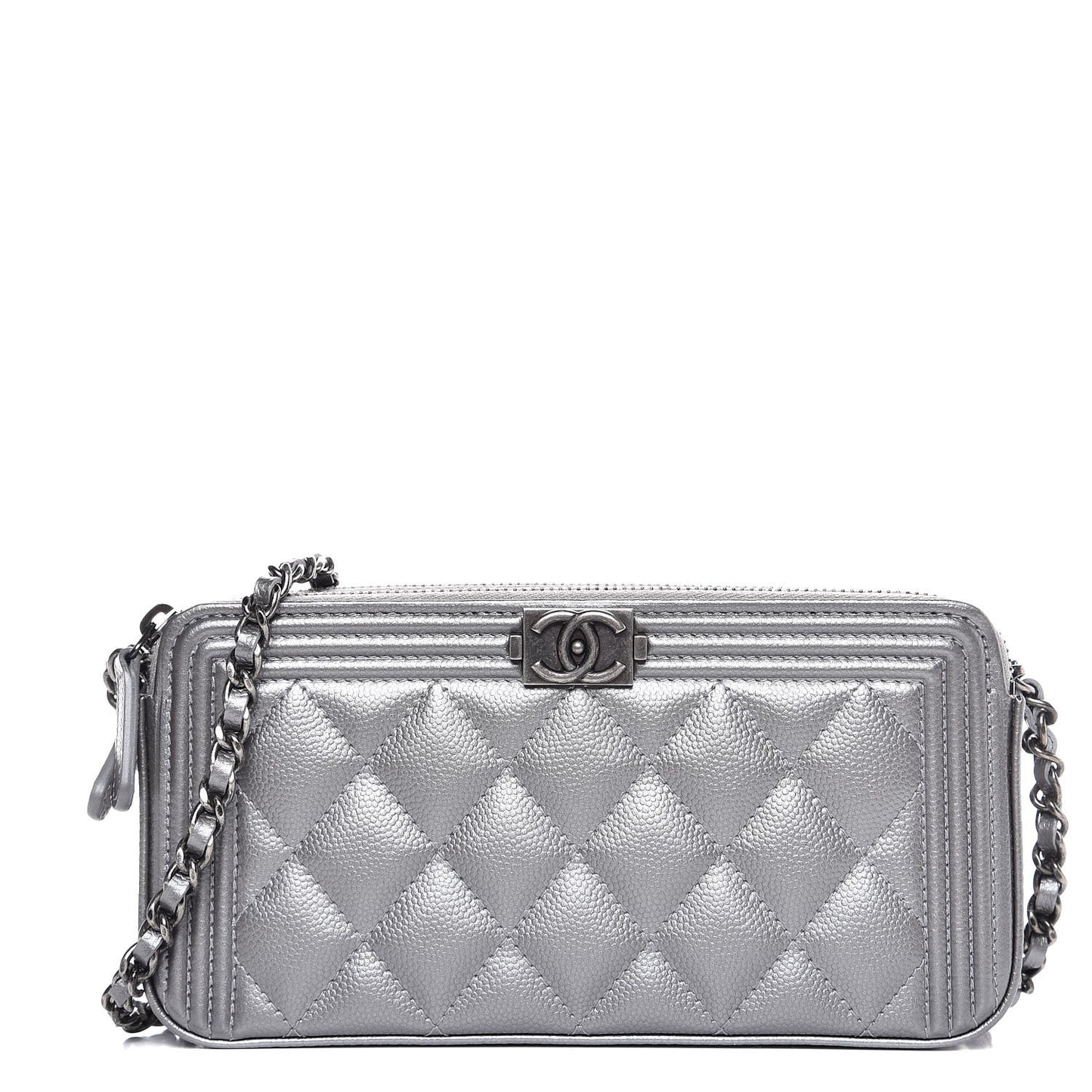 Metallic Caviar Quilted Small Boy Clutch With Chain Silver