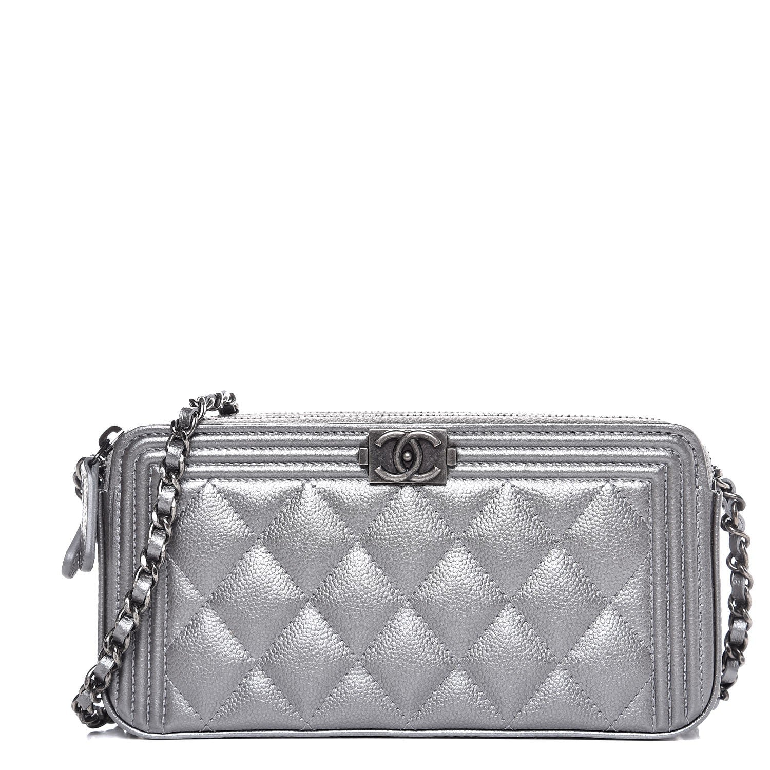 Chanel Metallic Caviar Quilted Small Boy Clutch With Chain Silver 1 of 10