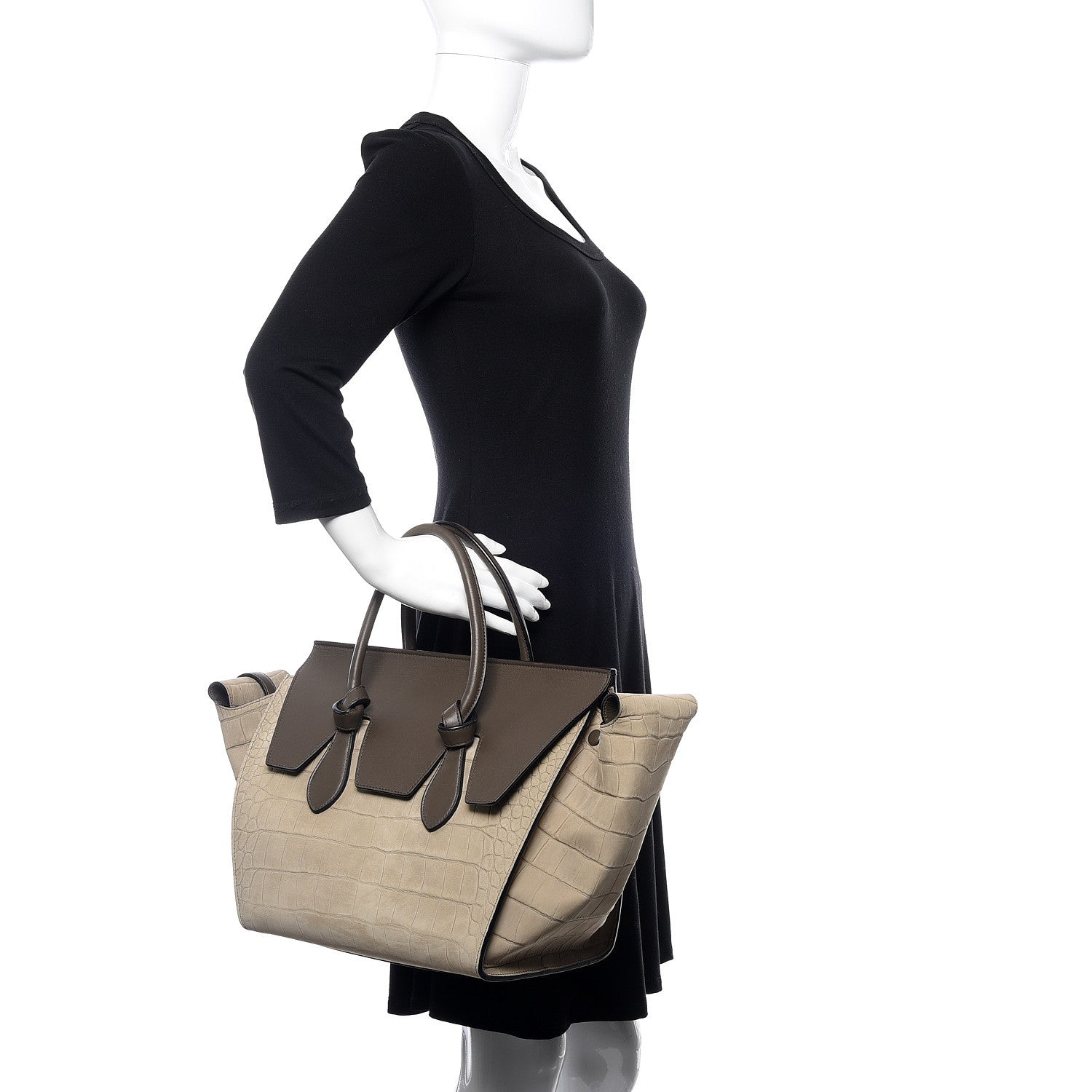 Celine Crocodile Embossed Nubuck Calfskin Small Tie Knot Tote Grey 2 of 10