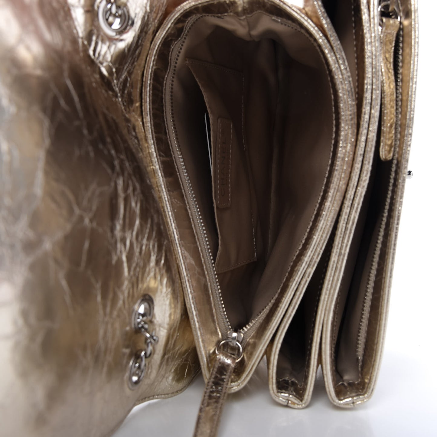 Metallic Crackled Calfskin Medium Clam's Pocket Flap Gold