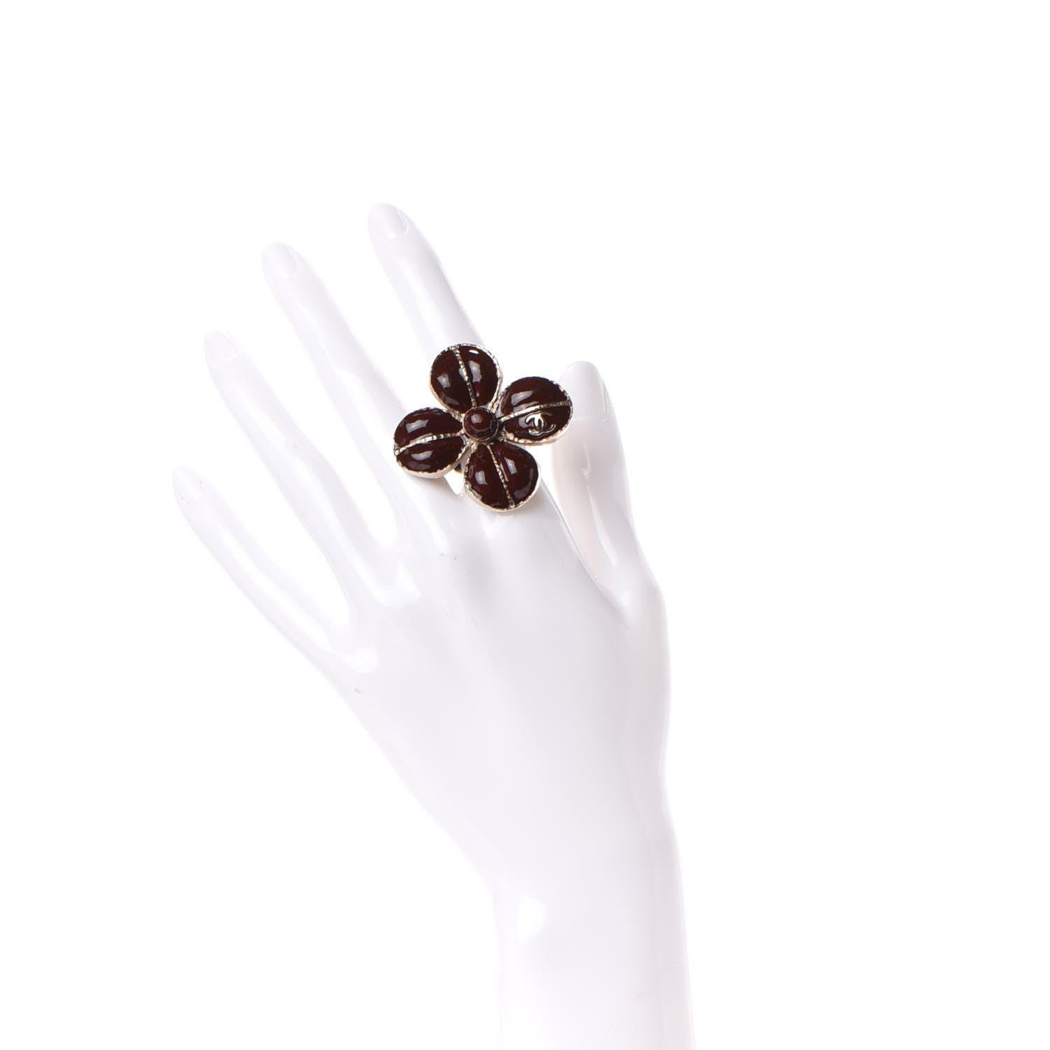 Chanel Enamel CC Flower Ring 6 Burgundy Gold 2 of 6