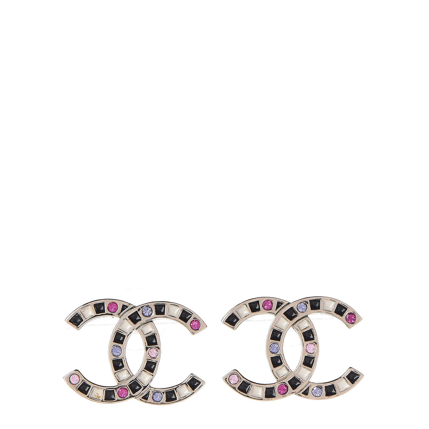 Chanel Crystal Enamel Large CC Earrings Gold Black White Pink 1 of 5