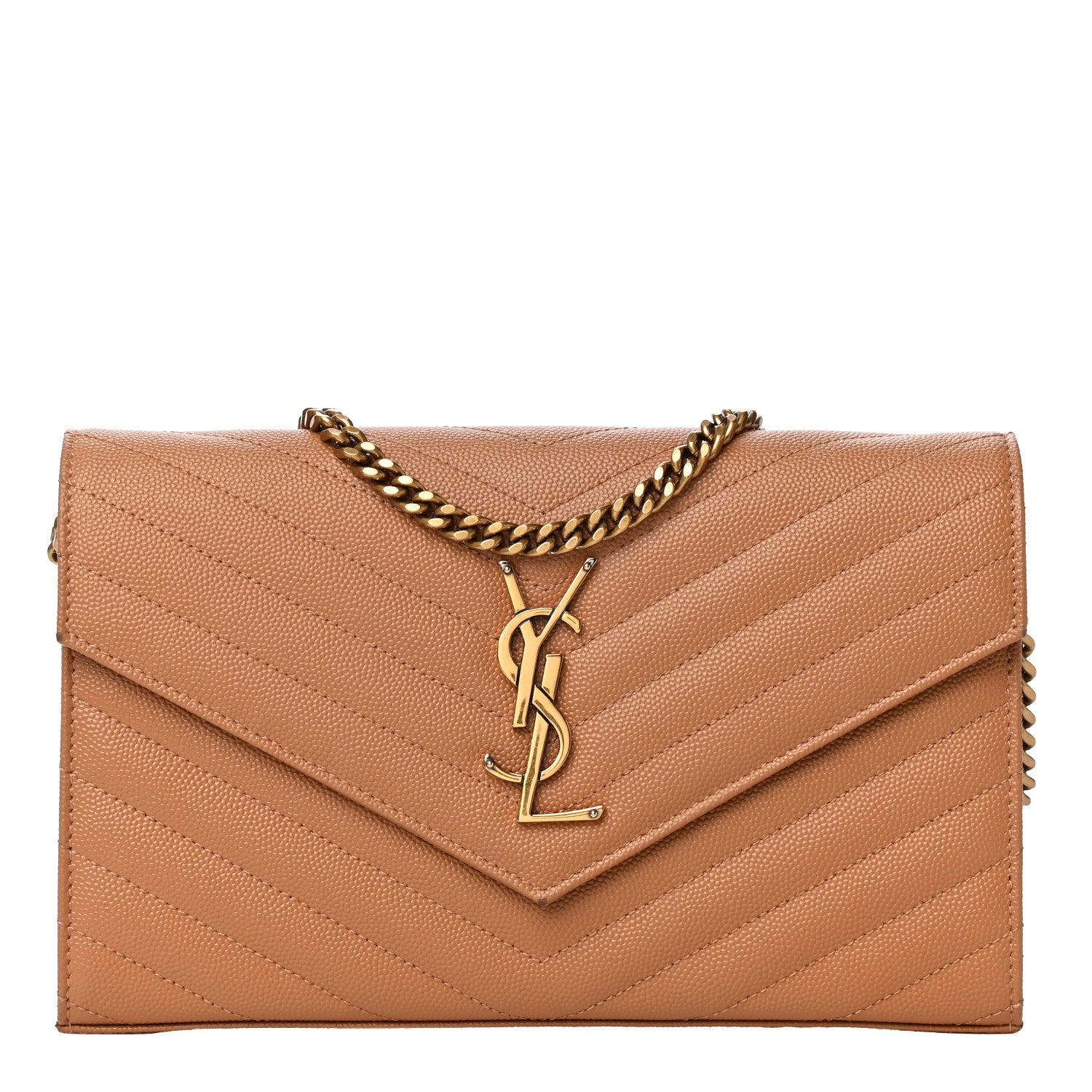 Saint Laurent Grain De Poudre Matelasse Chevron Monogram Chain Wallet Dune 1 of 14