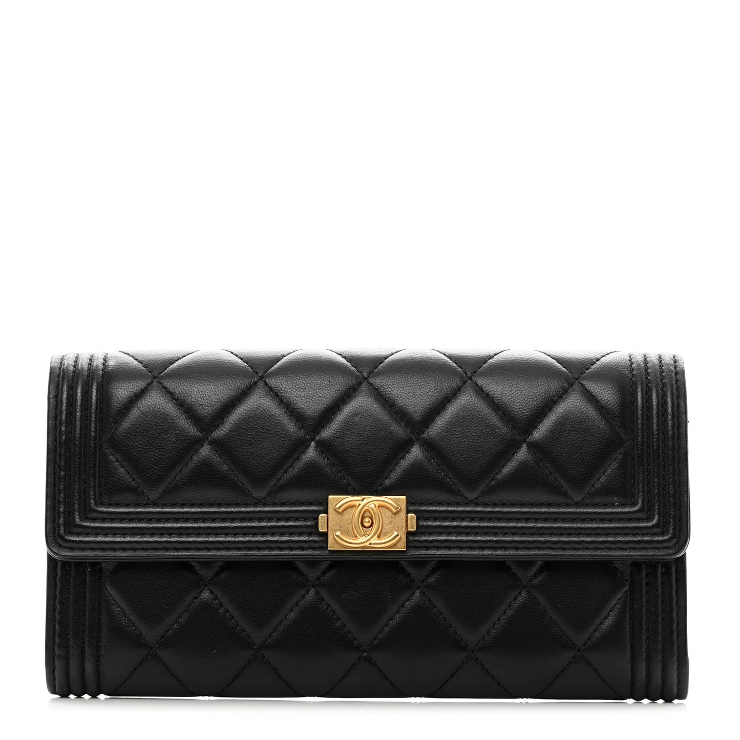 Lambskin Quilted Boy Large Gusset Flap Wallet Black