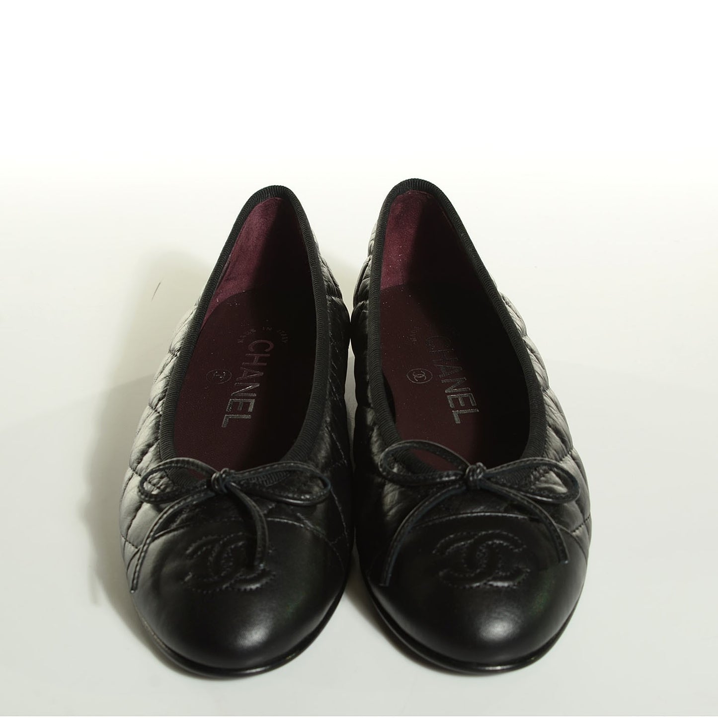 Aged Calfskin Quilted Cap Toe Ballerina Flats 34 Black