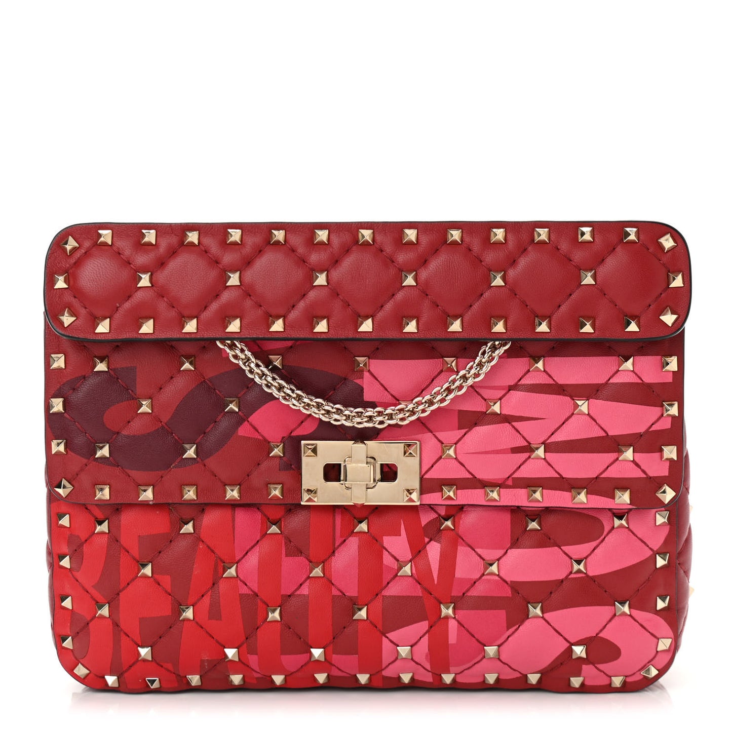 Nappa Lettering Print Quilted Medium Rockstud Spike Shoulder Bag Red Pink