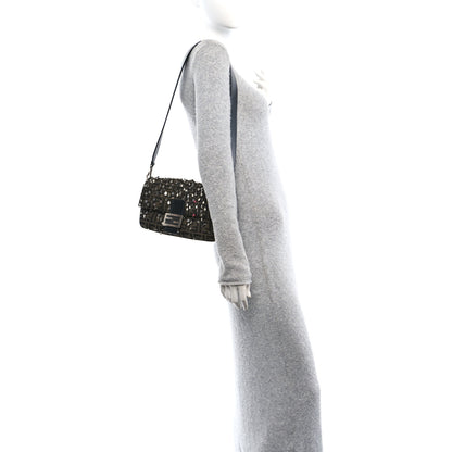 Fendi Fabric Jacquard F Paillettes Vitello Cover FF 1974 Embroidered Baguette Tobacco Moro Argento 3 of 10