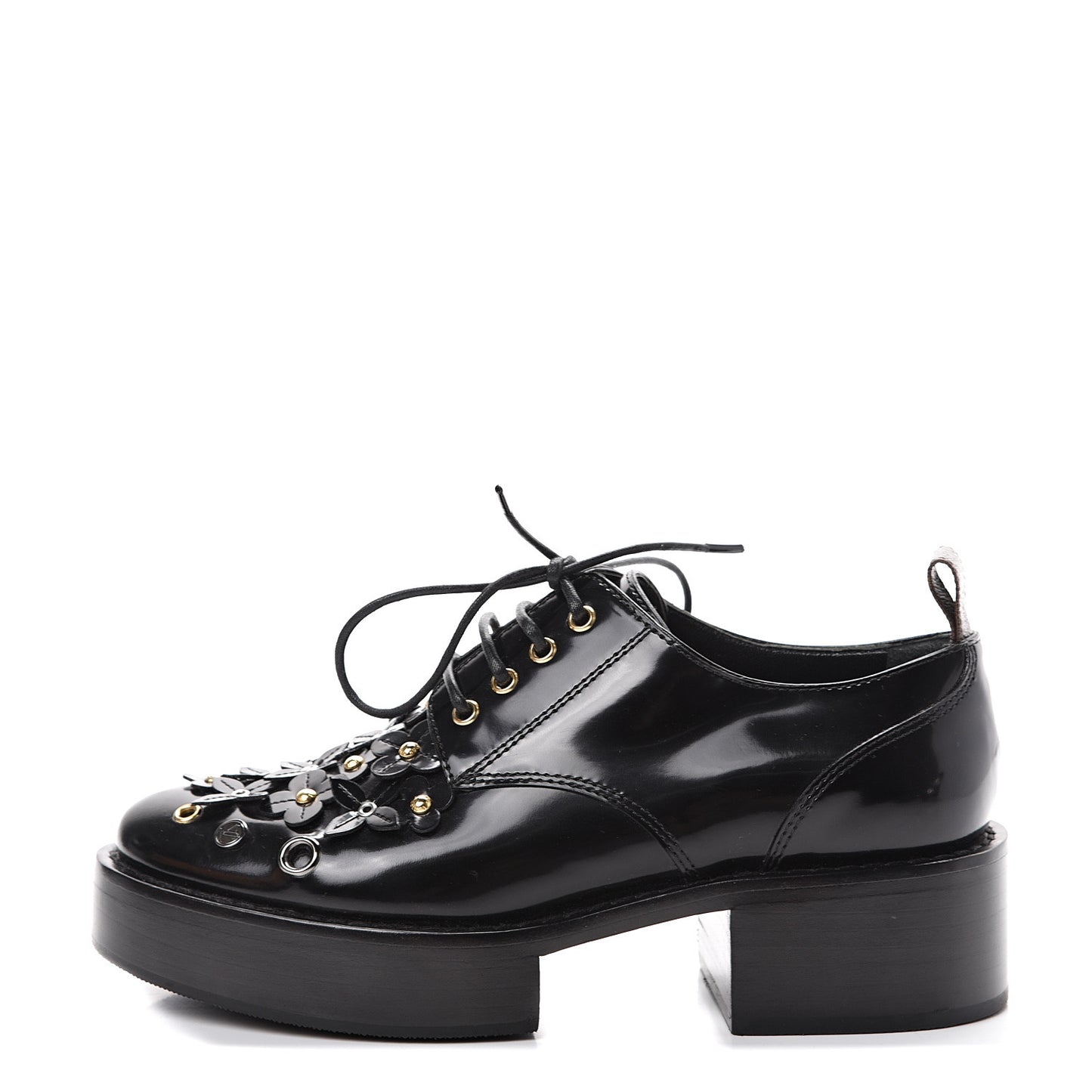 Patent Calfskin Blooms Flat Derby Platform Shoes 35 Black