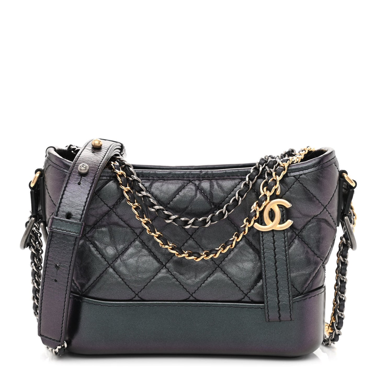 Iridescent Aged Calfskin Quilted Small Gabrielle Hobo Black