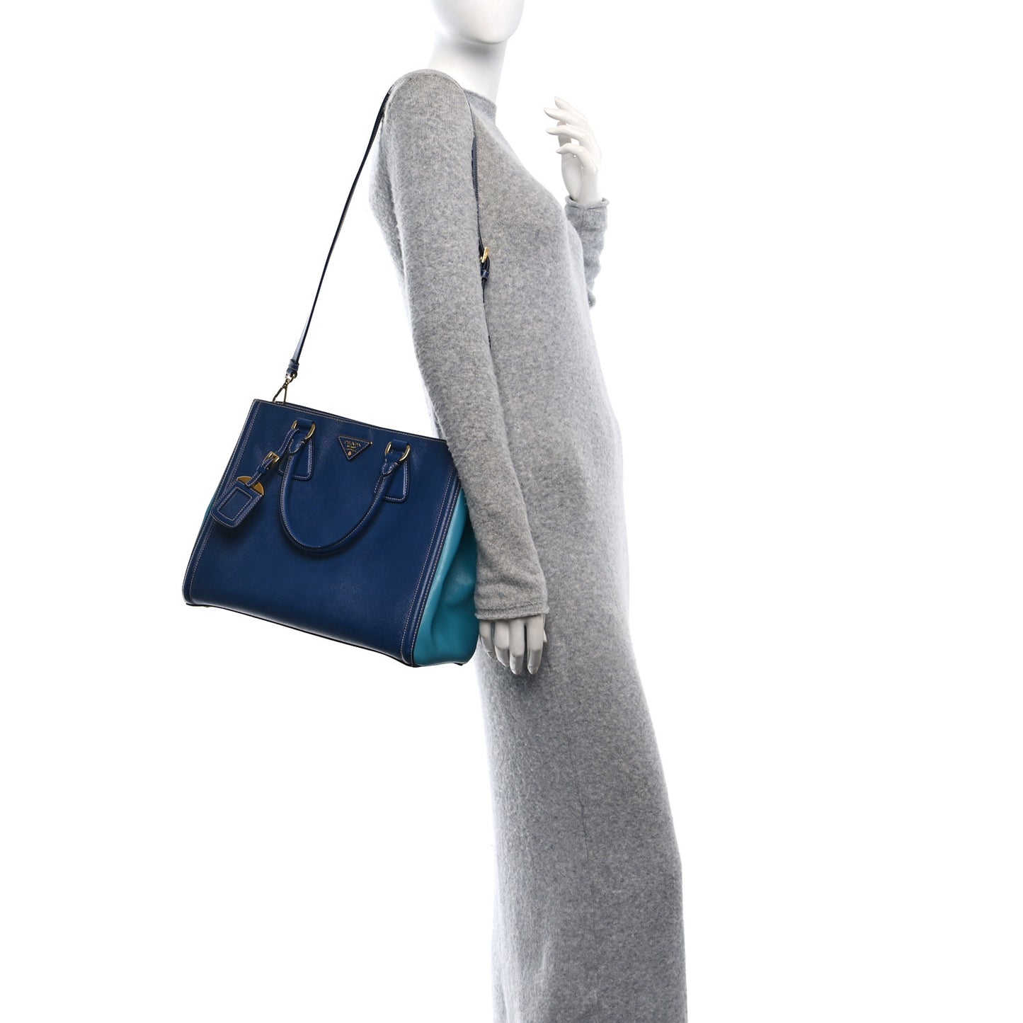 Saffiano Lux Medium Bi-Color Tote Bluette Turchese