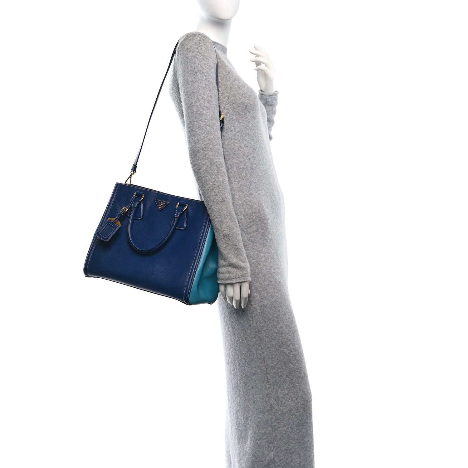 Prada Saffiano Lux Medium Bi-Color Tote Bluette Turchese 3 of 9