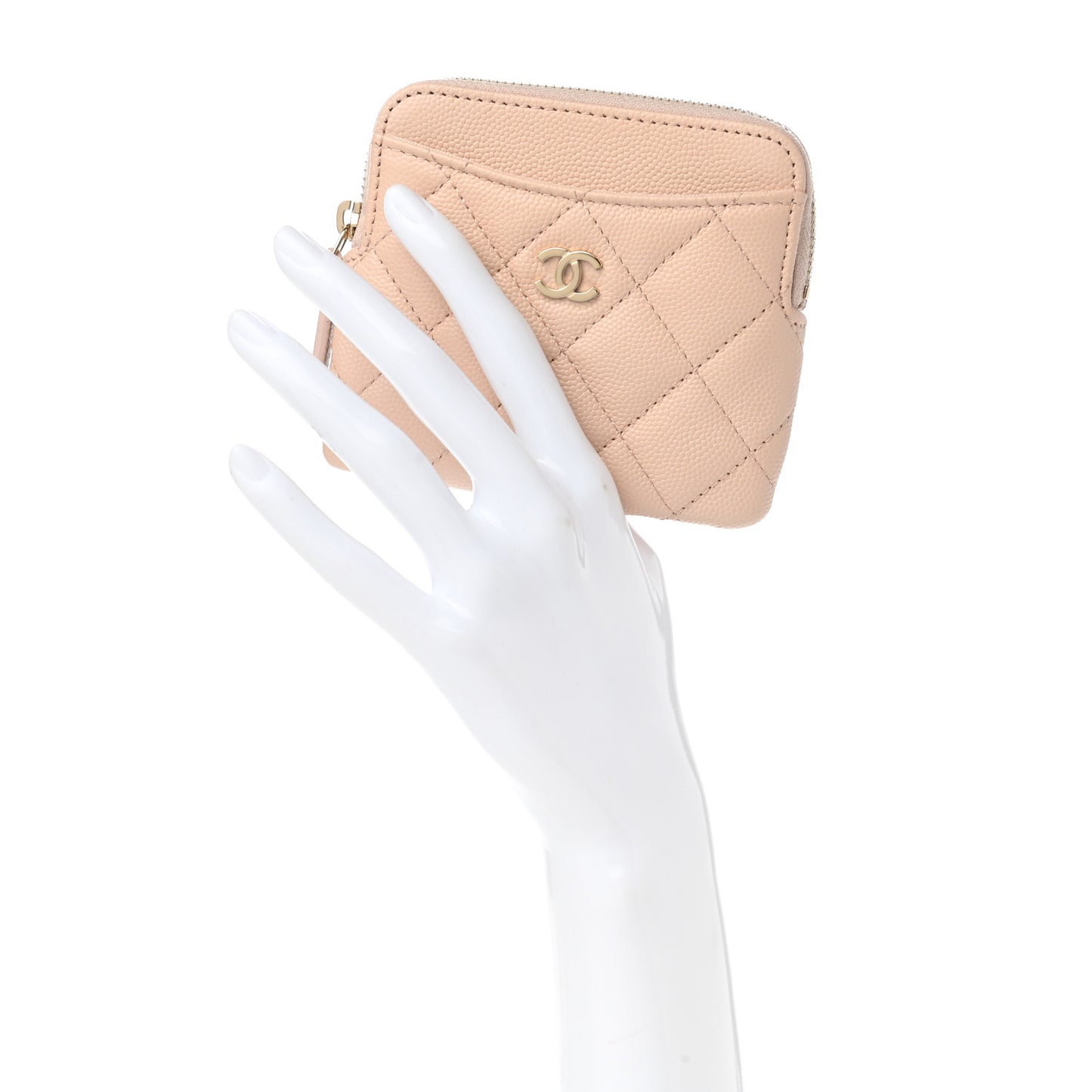 Caviar Quilted Zip Card Holder Wallet Light Beige