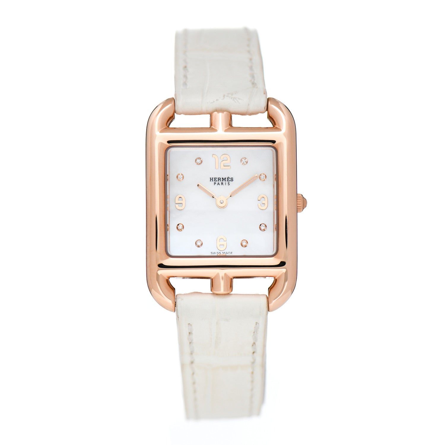 Hermes 18K Rose Gold Alligator Diamond Mother of Pearl 23mm Cape Cod Quartz Watch Blanc 1 of 5