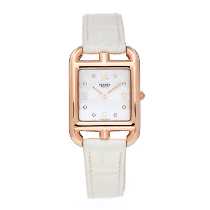 Hermes 18K Rose Gold Alligator Diamond Mother of Pearl 23mm Cape Cod Quartz Watch Blanc 1 of 5
