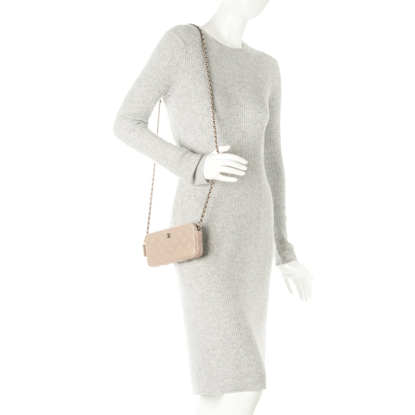 Caviar Quilted Small Clutch With Chain Dark Beige